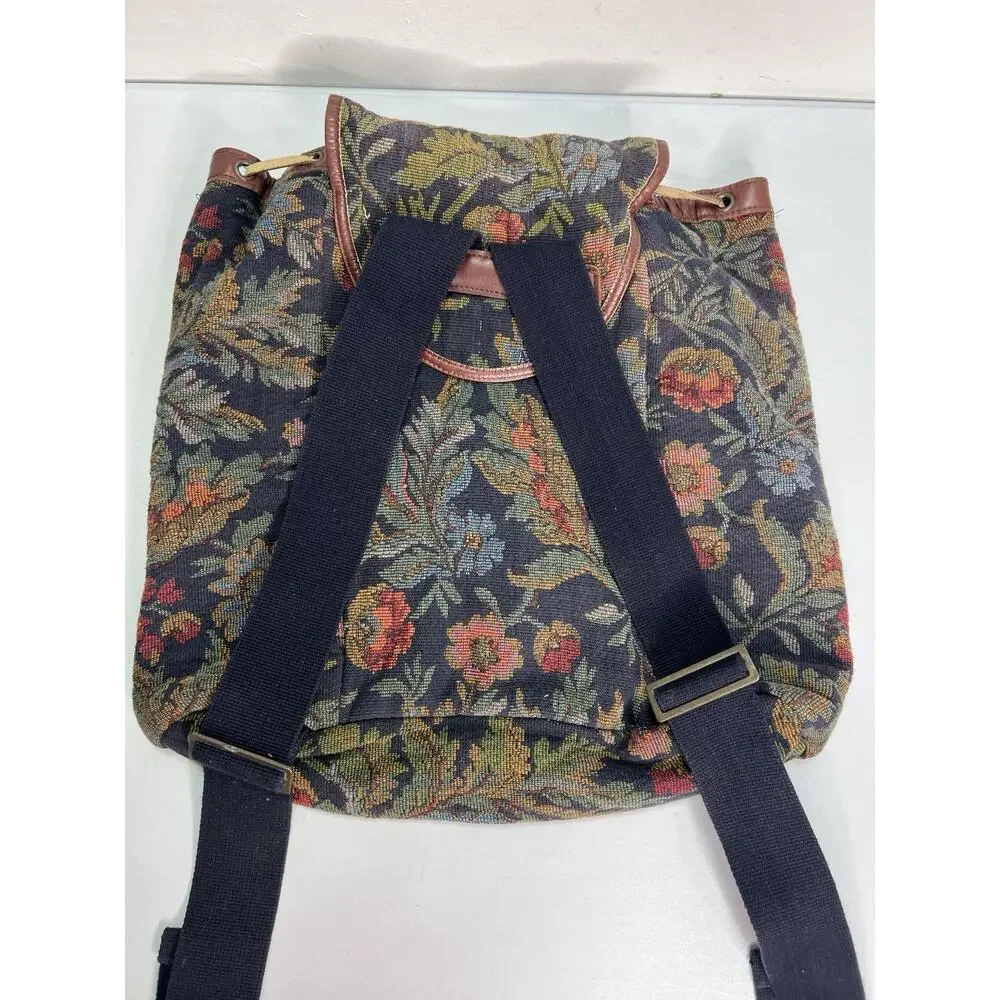 Vintage GAP Floral Tapestry Drawstring Backpack Y2K Boho Cottage Leather Trim